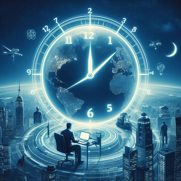 Image d'une entreprise devant une horloge mondiale