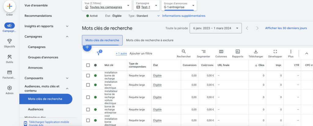 Interface Google Ad's test section mots clés